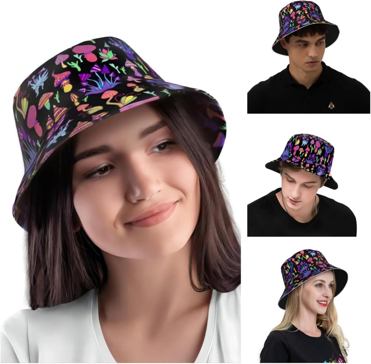 Women Men Rave Trippy Festival Outfits Accessories for Women Summer Beach Sun Hat Packable Fisherman Cap Mushroom Gifts