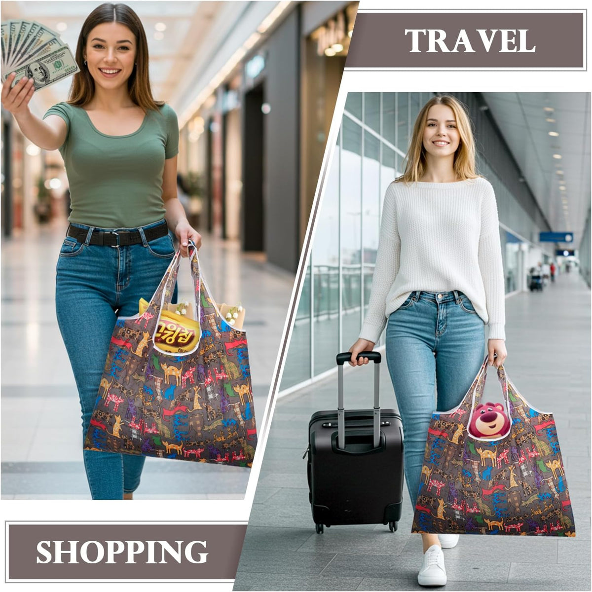 Reusable Grocery Bags Foldable Polyester. Cute Reusable Shopping Bags for Women Large Heavy Duty