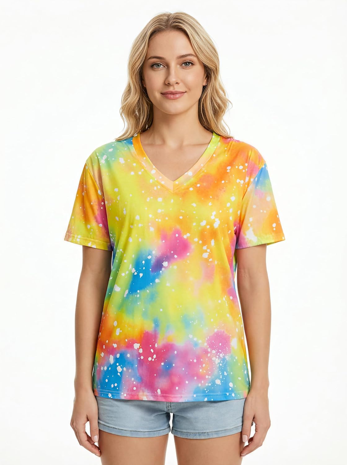 Women's Neon T-Shirt Hippie Tie Dye V-Neck Shirts Vintage Summer Tee Glow in The Dark Outfits