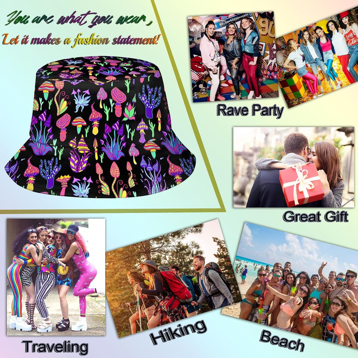 Women Men Rave Trippy Festival Outfits Accessories for Women Summer Beach Sun Hat Packable Fisherman Cap Mushroom Gifts