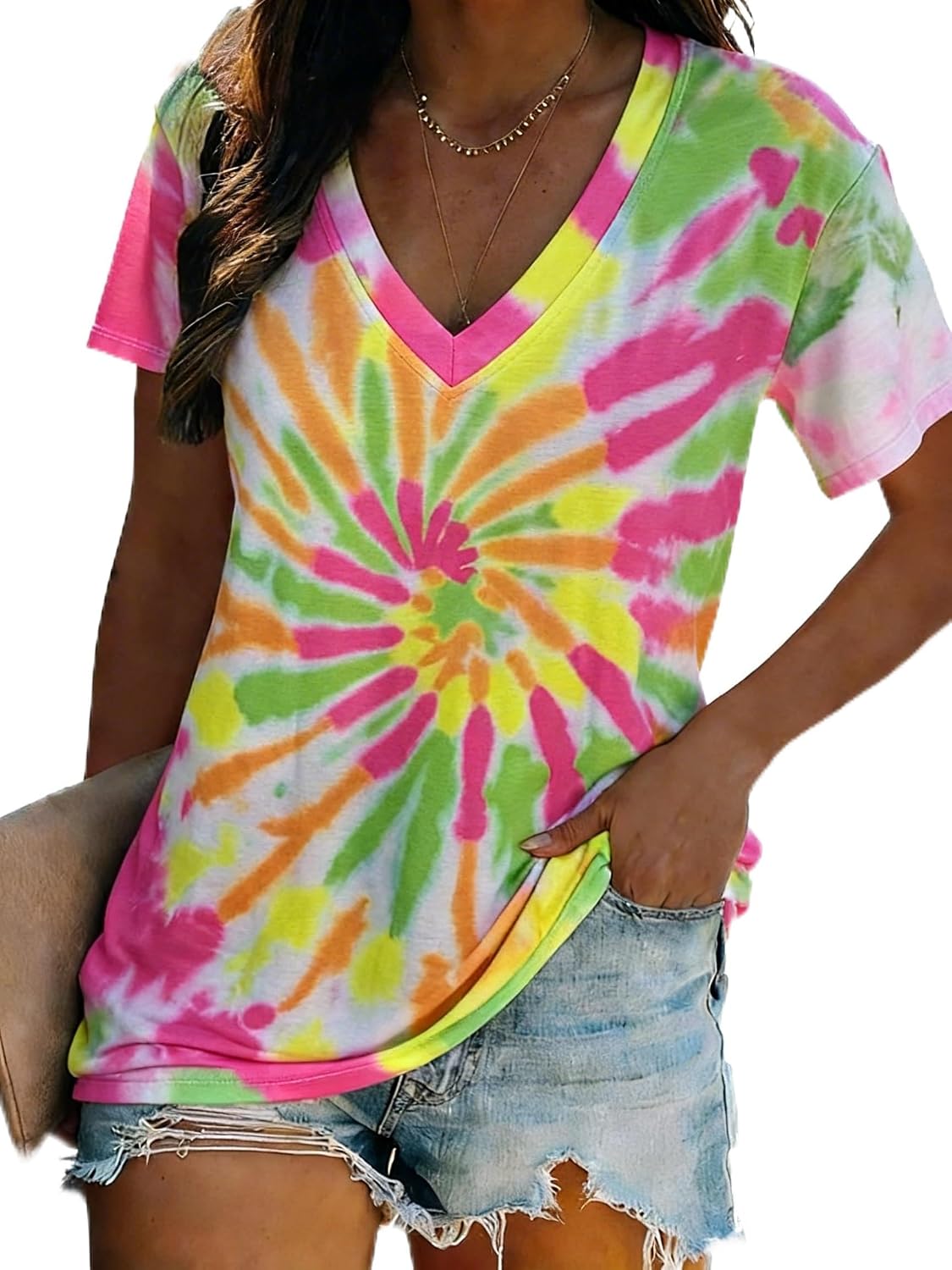 Women's Neon T-Shirt Hippie Tie Dye V-Neck Shirts Vintage Summer Tee Glow in The Dark Outfits