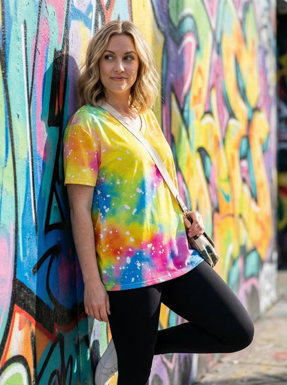Women's Neon T-Shirt Hippie Tie Dye V-Neck Shirts Vintage Summer Tee Glow in The Dark Outfits