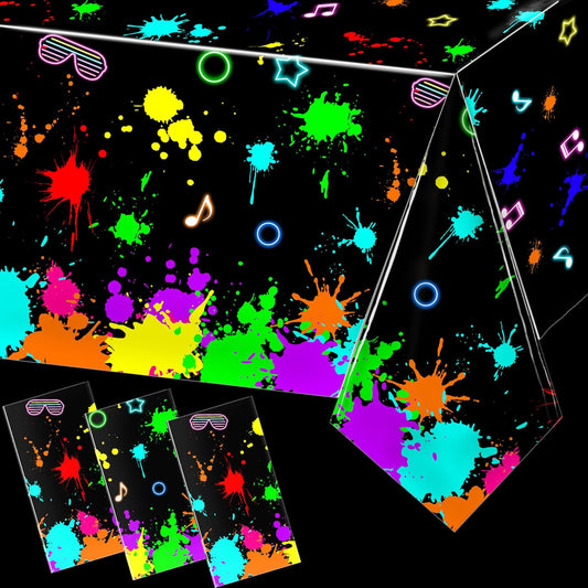 3 Pack UV Reactive Neon Glow Party Tablecloths. 108x54 Inch | Waterproof Plastic Table Covers Decoration
