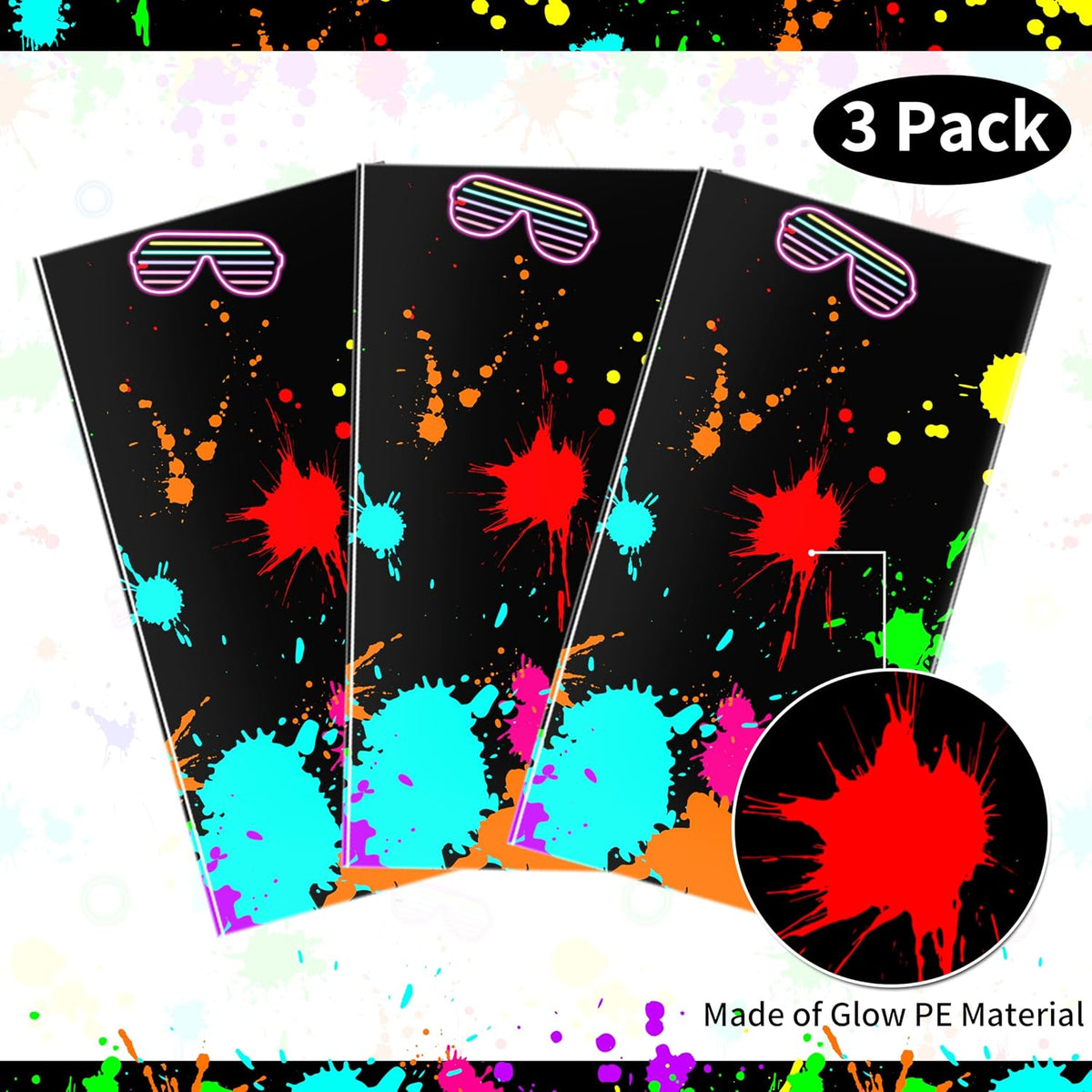3 Pack UV Reactive Neon Glow Party Tablecloths. 108x54 Inch | Waterproof Plastic Table Covers Decoration