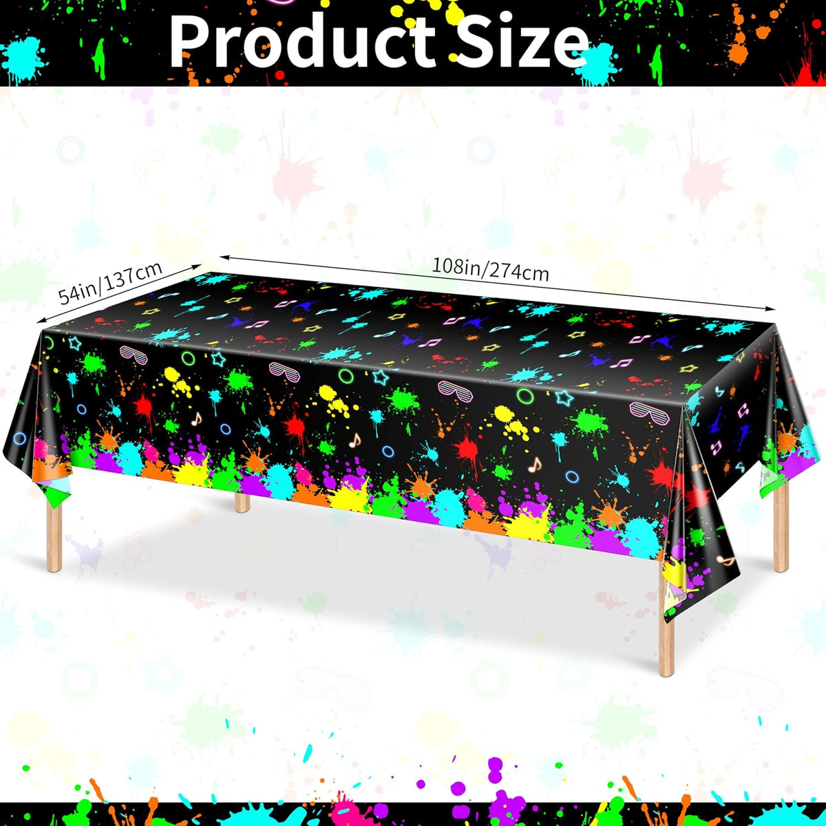 3 Pack UV Reactive Neon Glow Party Tablecloths. 108x54 Inch | Waterproof Plastic Table Covers Decoration