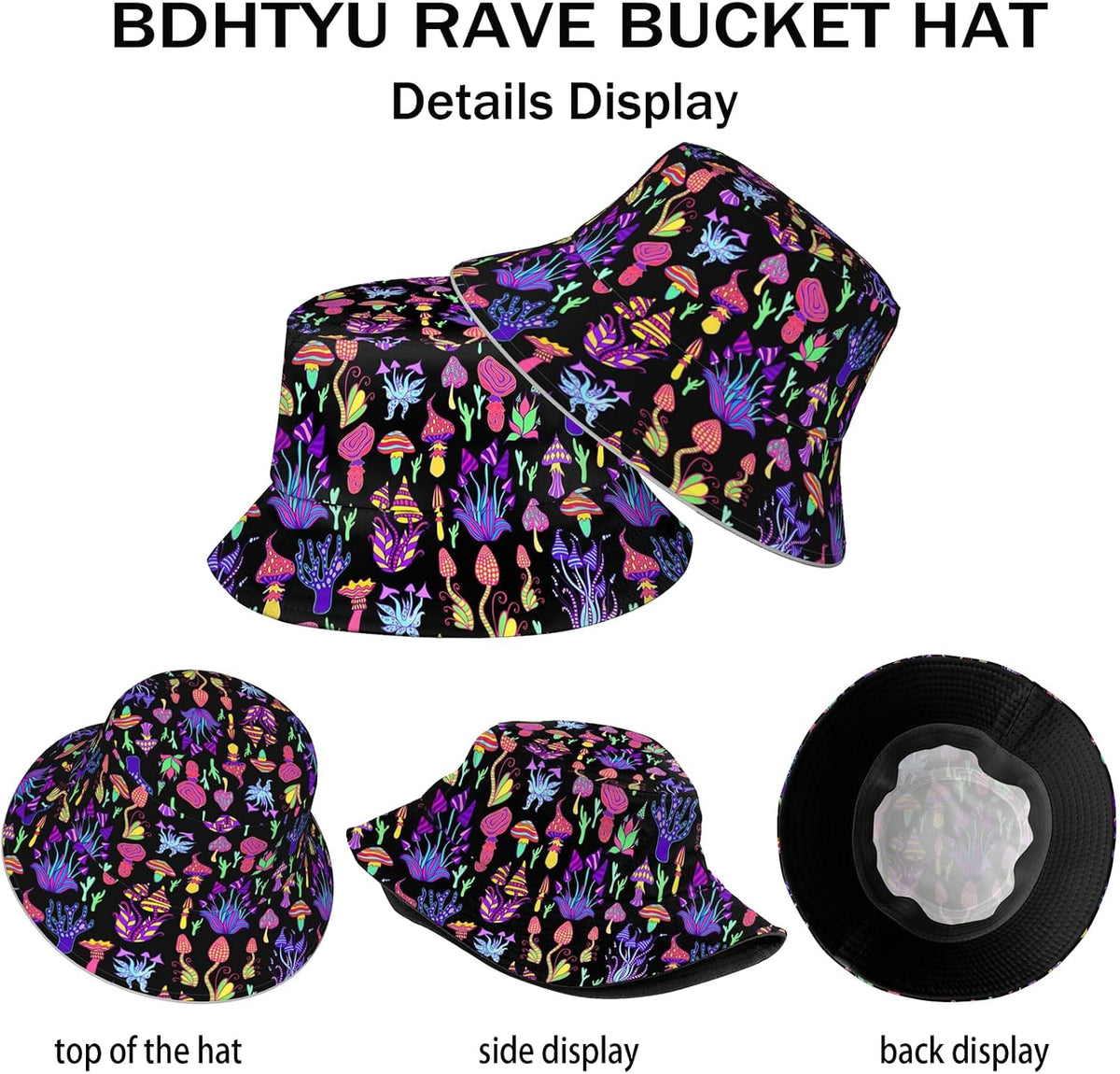 Women Men Rave Trippy Festival Outfits Accessories for Women Summer Beach Sun Hat Packable Fisherman Cap Mushroom Gifts