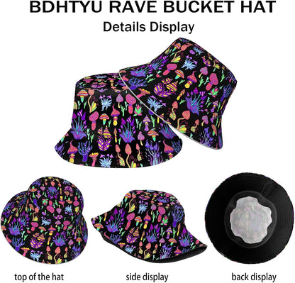 Women Men Rave Trippy Festival Outfits Accessories for Women Summer Beach Sun Hat Packable Fisherman Cap Mushroom Gifts