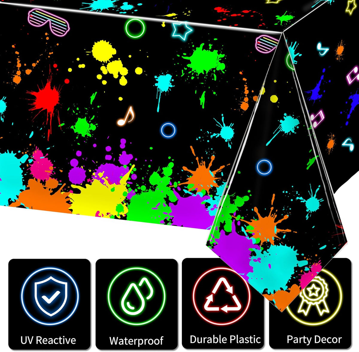 3 Pack UV Reactive Neon Glow Party Tablecloths. 108x54 Inch | Waterproof Plastic Table Covers Decoration