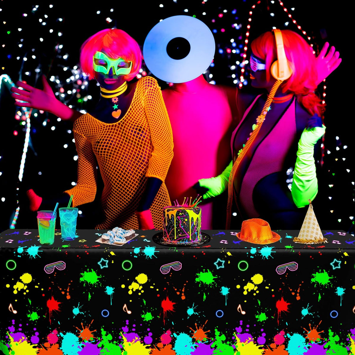 3 Pack UV Reactive Neon Glow Party Tablecloths. 108x54 Inch | Waterproof Plastic Table Covers Decoration