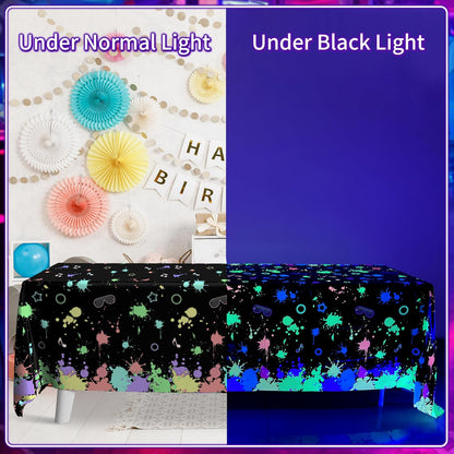 3 Pack UV Reactive Neon Glow Party Tablecloths. 108x54 Inch | Waterproof Plastic Table Covers Decoration