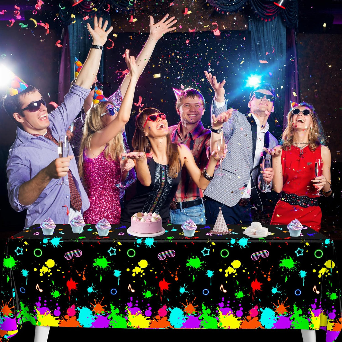 3 Pack UV Reactive Neon Glow Party Tablecloths. 108x54 Inch | Waterproof Plastic Table Covers Decoration